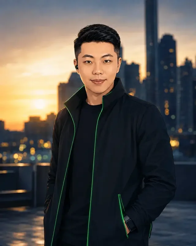 Charlie Tang Hoong, in a dark jacket, against a city skyline at dusk.