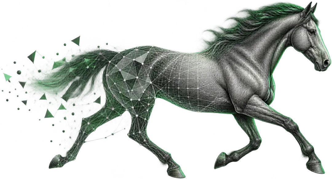 An illustration of a horse in profile, facing right, resolving from left to right: its hindquarters and tail scatter into green polygons and loose particles, its body is overlaid with a wireframe mesh, and its shoulder, neck, head and forelegs are drawn in full detail.